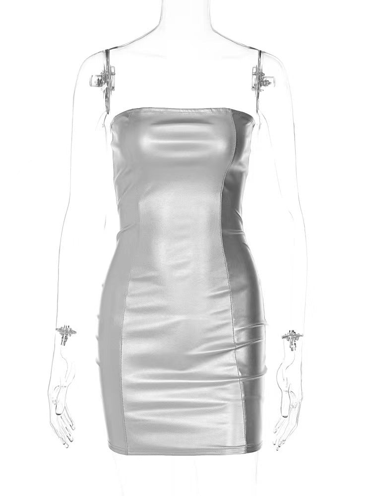 Women Sexy Strapless PU-Leather Bodycon Dress 7