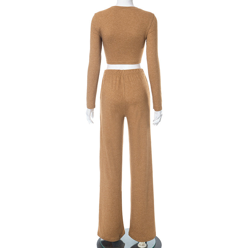 Women Autumn and Winter Long Sleeve Crop Top and Pant Casual Two-piece Set 8