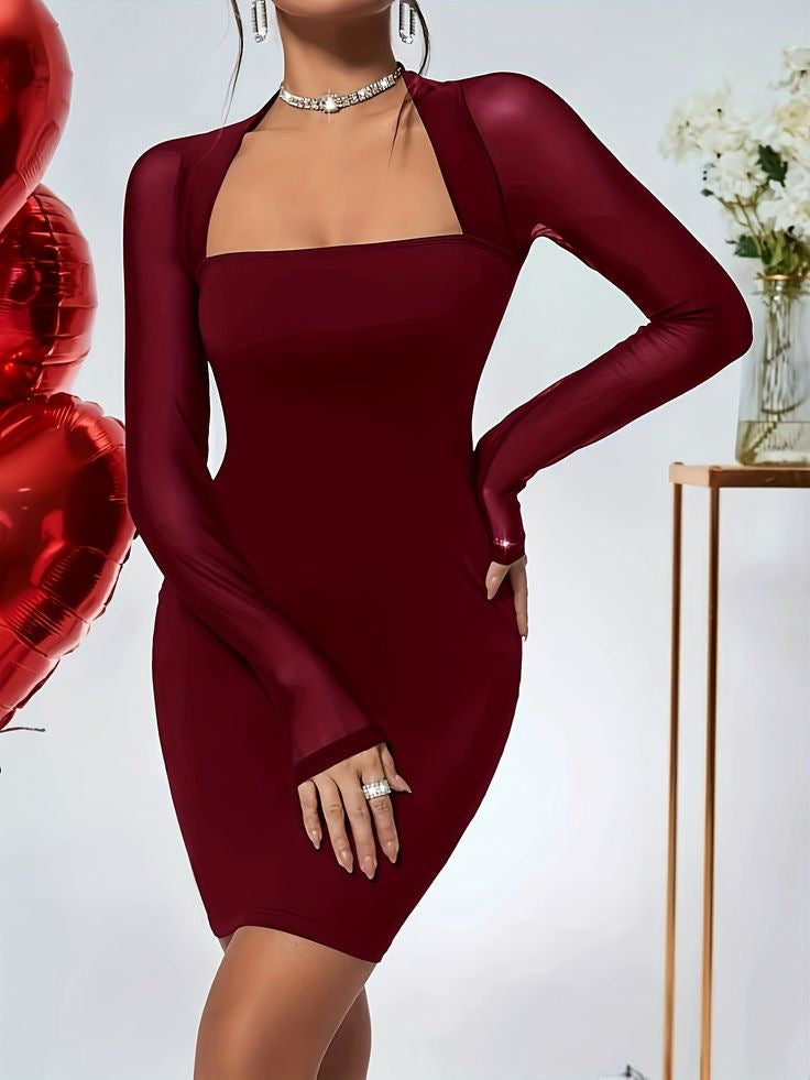 Women Sexy Square Neck Long Sleeve Knitting Bodycon Dress 5