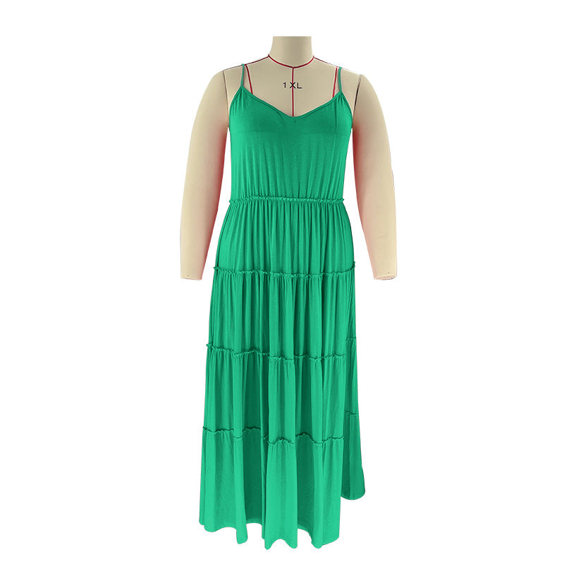 Summer Plus Size Women's Solid Color Sexy Camisole Pleated Patchwork Fashion Casual Dress 35