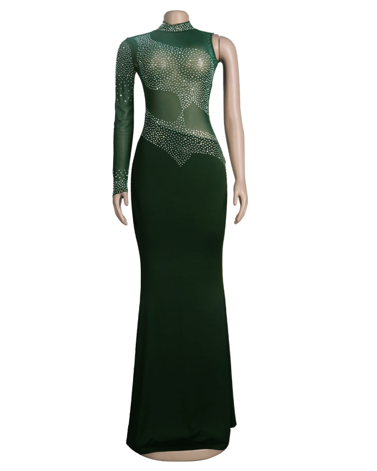Fall Sexy Green Sequins One Shoulder High Neck Long Dress 4