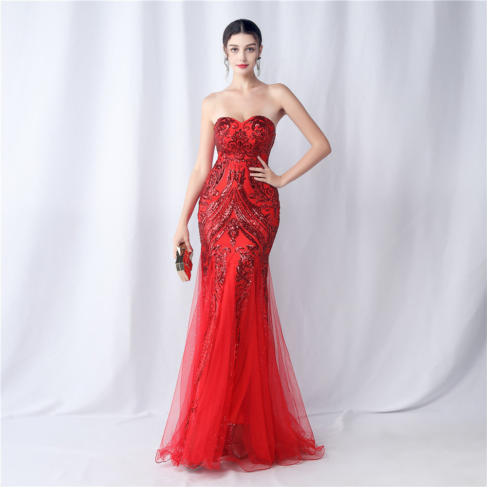 Positioned Flower Mesh Sequin Wedding Dinner Evening Dress