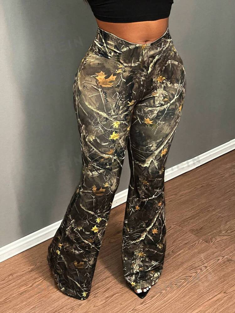 Plus Size Women's High Waist Leaf Print Bell Bottom Pants 3