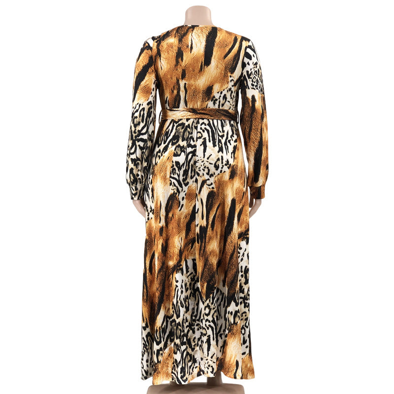 Summer Leopard Print Belted Wrap Neck Loose Plus Size Women's Dress 23