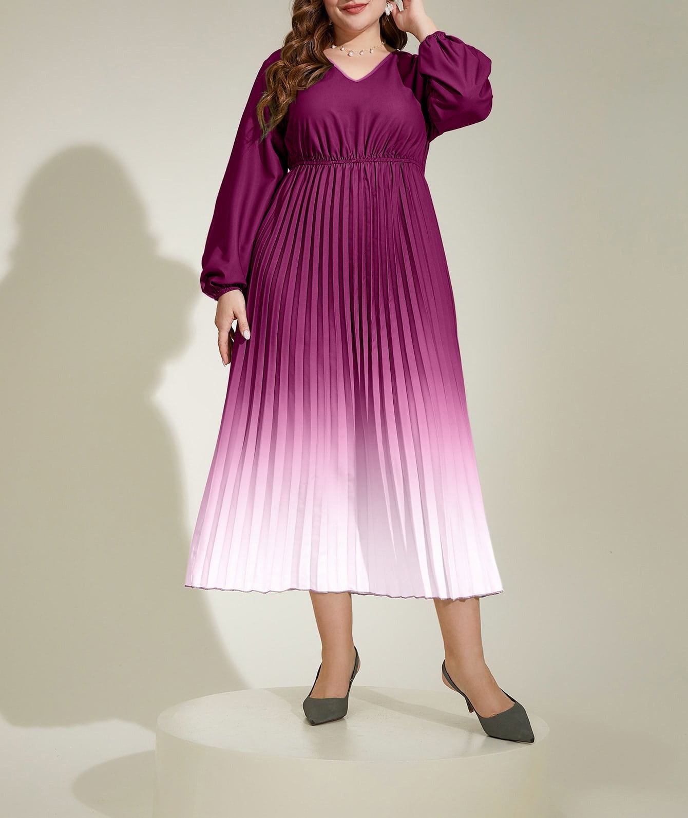 Autumn Chic Gradient Pleated Plus Size Long Sleeve Women's Long Dress 7