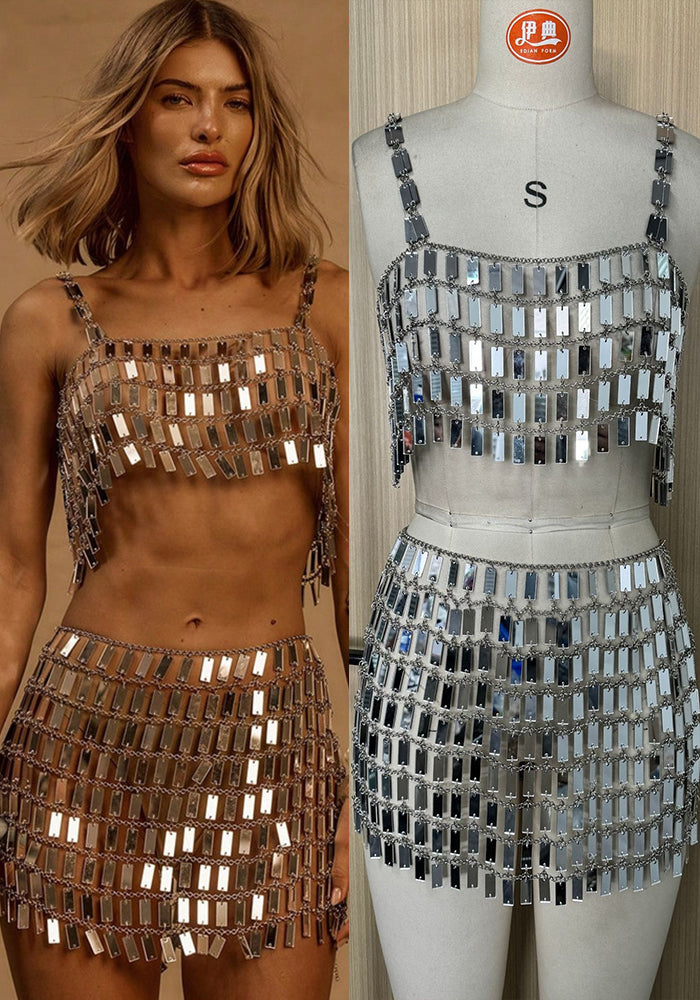 Women Poly Sequin Acrylic Top and Skirt Two-piece Set