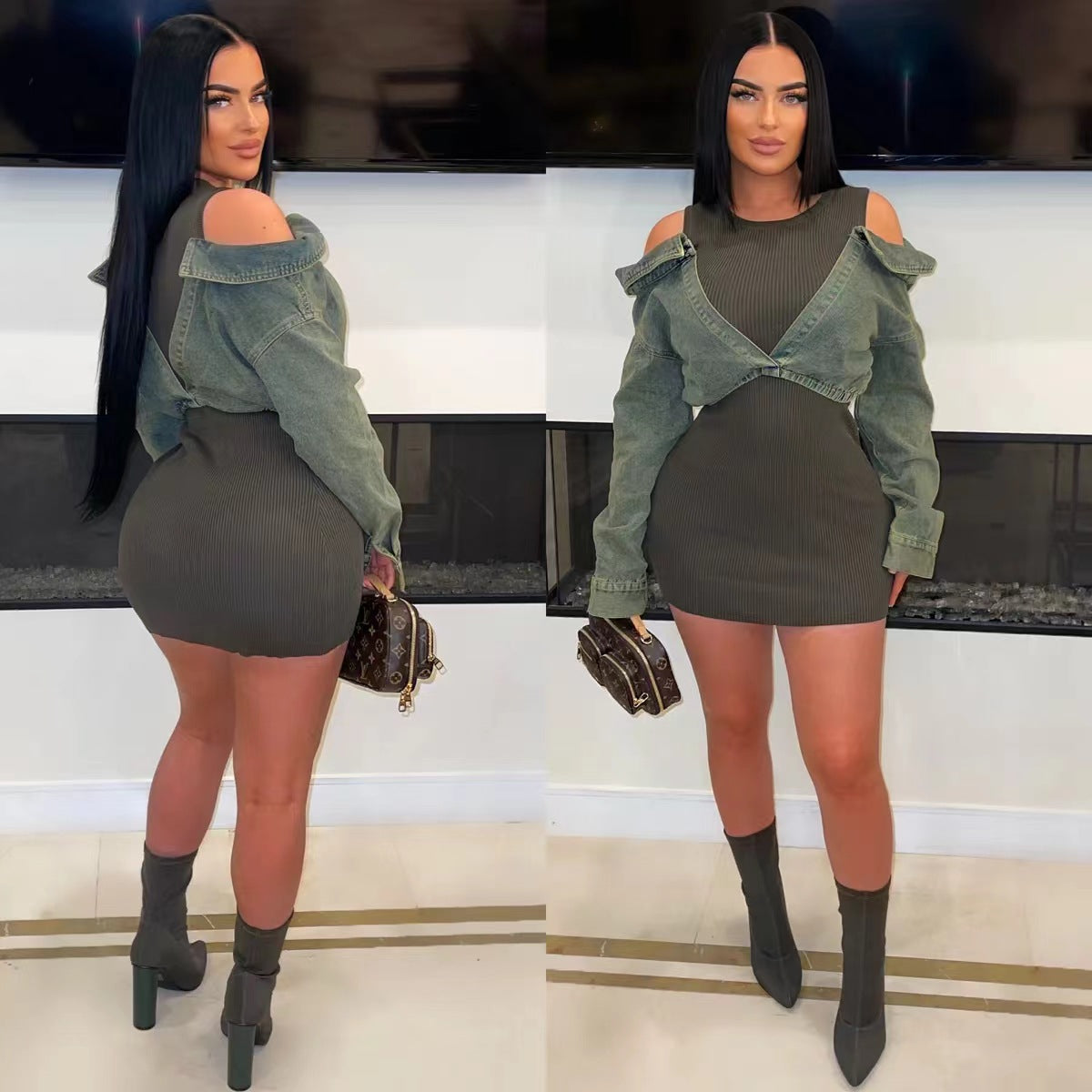 Women Patchwork Denim Bodycon Dress 3