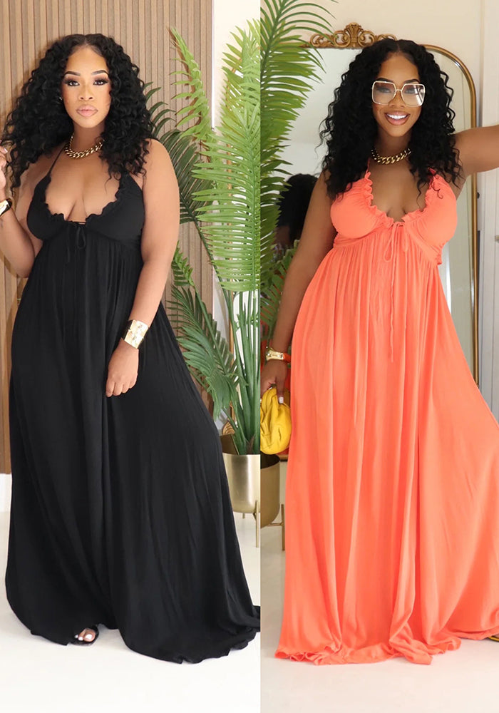 Women Casual Drawstring Lace V-Neck Solid Slip Dress