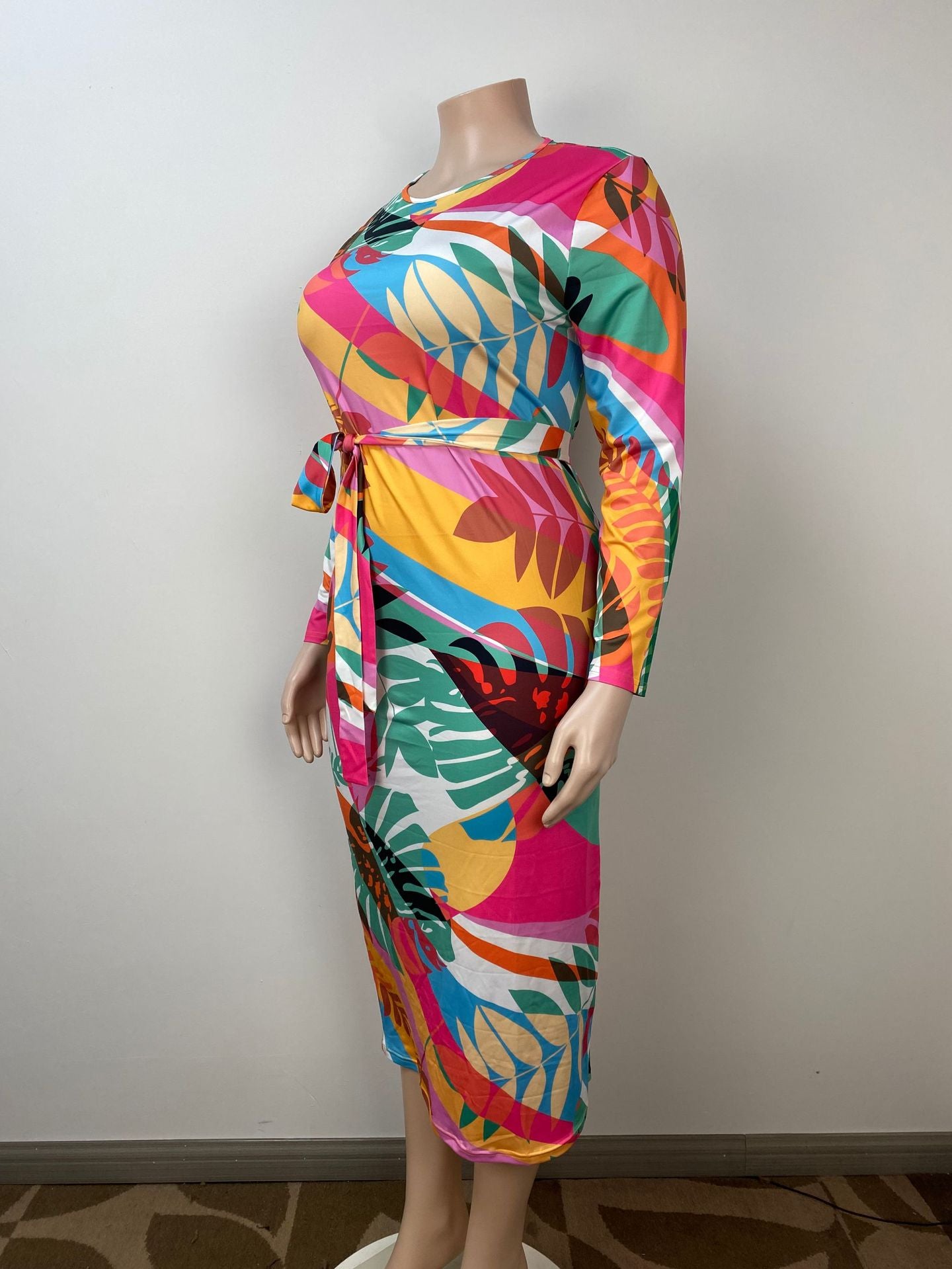 Plus Size printed long sleeve slim long dress 5