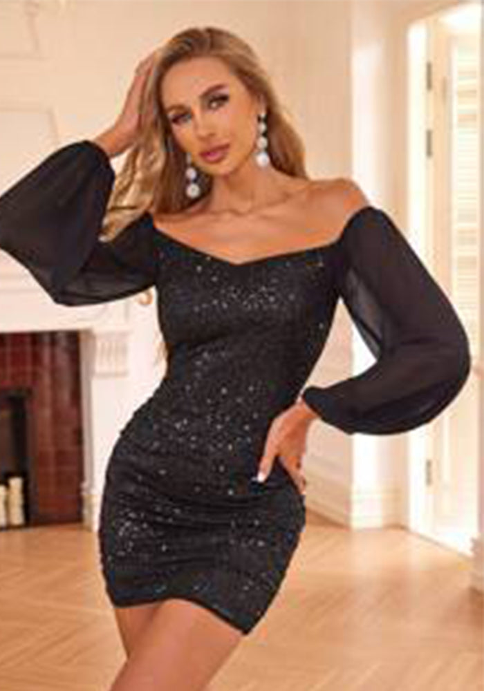 Women Solid Off Shoulder Sequin Dress