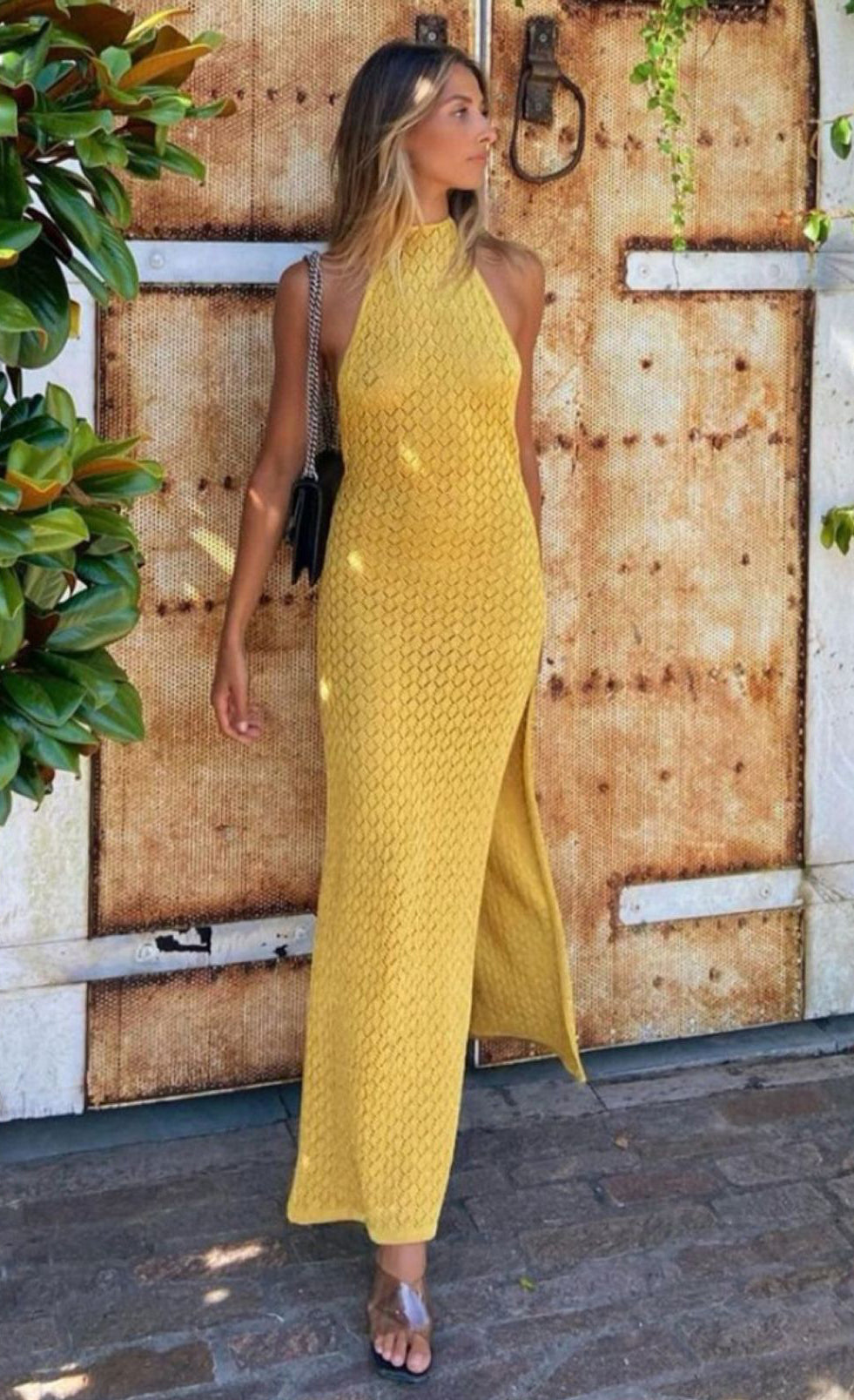 Women Summer Knitting Hollow Suspender Sexy Backless Sleeveless Split Dress 4