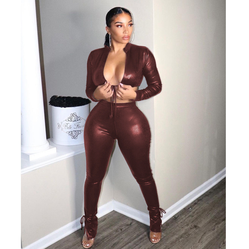 Women's Fashion Leather Stand Collar Top Lace-Up Trousers two piece pants set 4