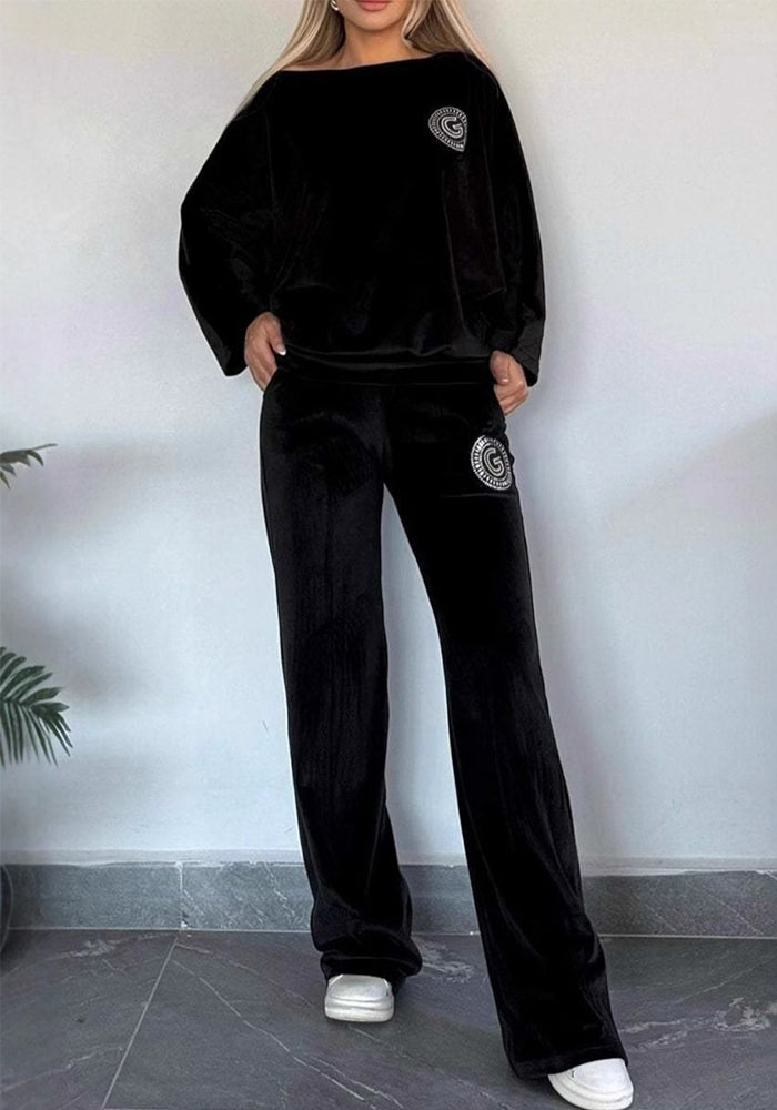 Women's Spring And Autumn Solid Color Velvet Round Neck Bat Sleeves Casual Two-Piece Pants Sets