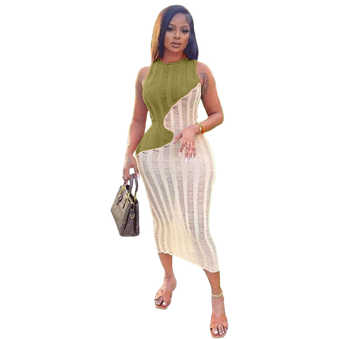 Fashion sexy sleeveless knitting color block dress 11