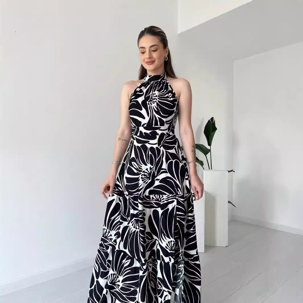Women Sleeveless Chic Print Fashion Slit A-Line Long Dress 4