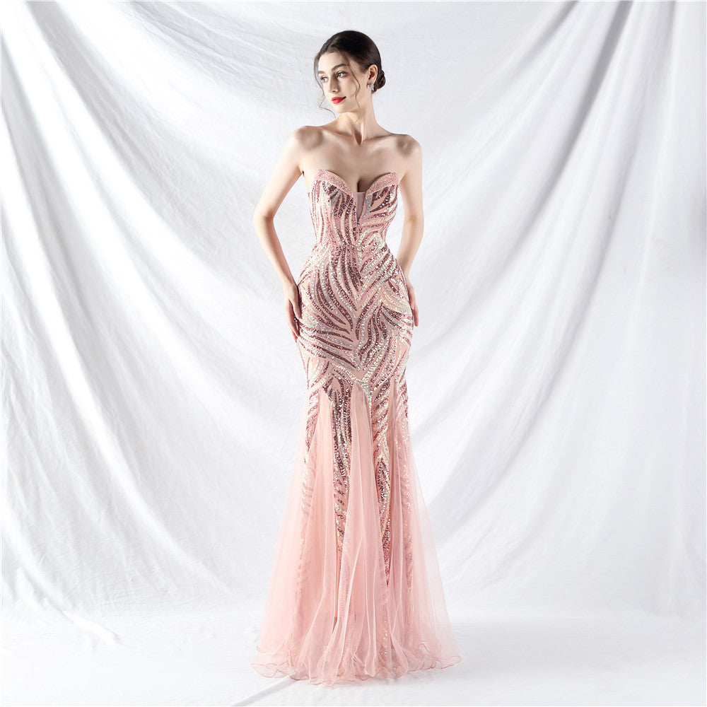 Sequin Mesh Patchwork Strapless Mermaid Evening Dress 17