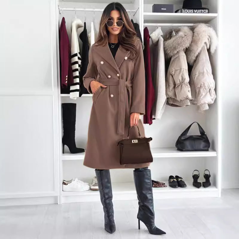 Autumn Winter Fashion Solid Color Double-Breasted Belt Woolen Jacket Women's Clothing 8