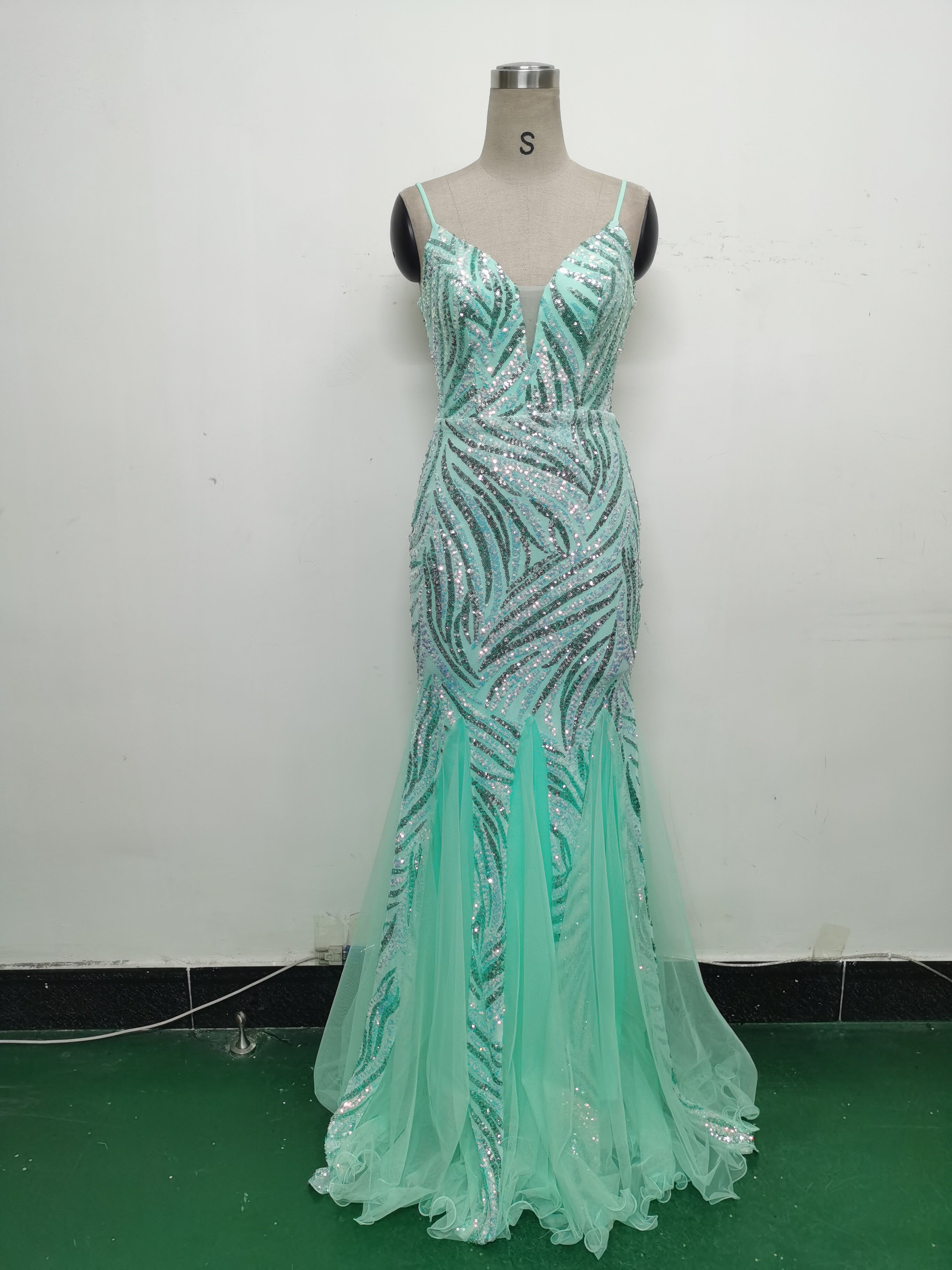 Sequin Patchwork Mesh Strap evening dress 38