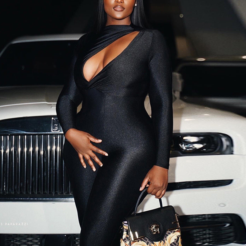 trend Solid color sexy hollow long sleeves Tight Fitting Fitness Jumpsuit 4