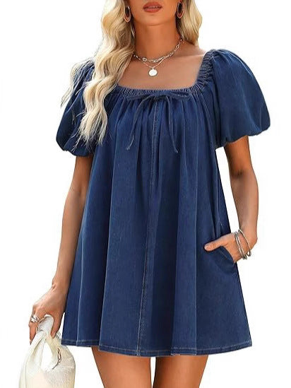 Summer Women's Square Neck Puff Sleeve Denim Short Dress 6