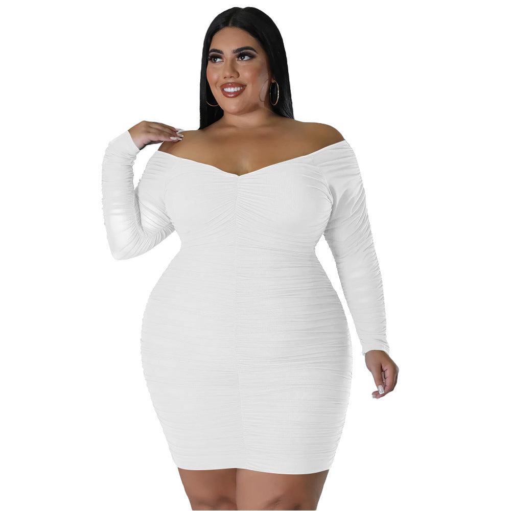 Plus Size Women Fall Off Shoulder Long Sleeve Bodycon Dress 7