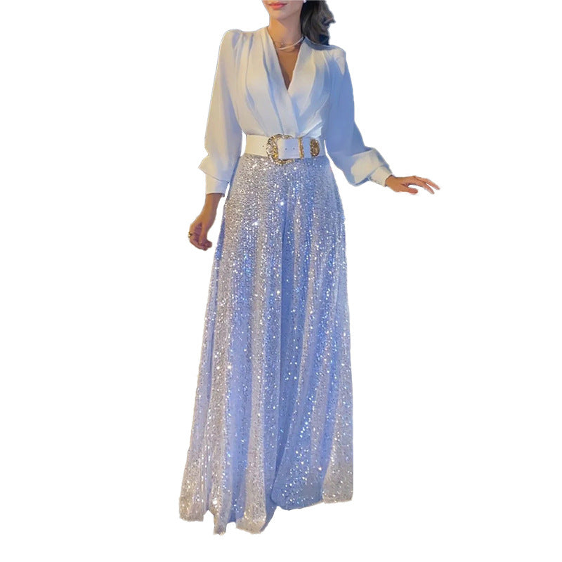 Women V-neck long-sleeved and sequined wide-leg Jumpsuit （with Belt） 8