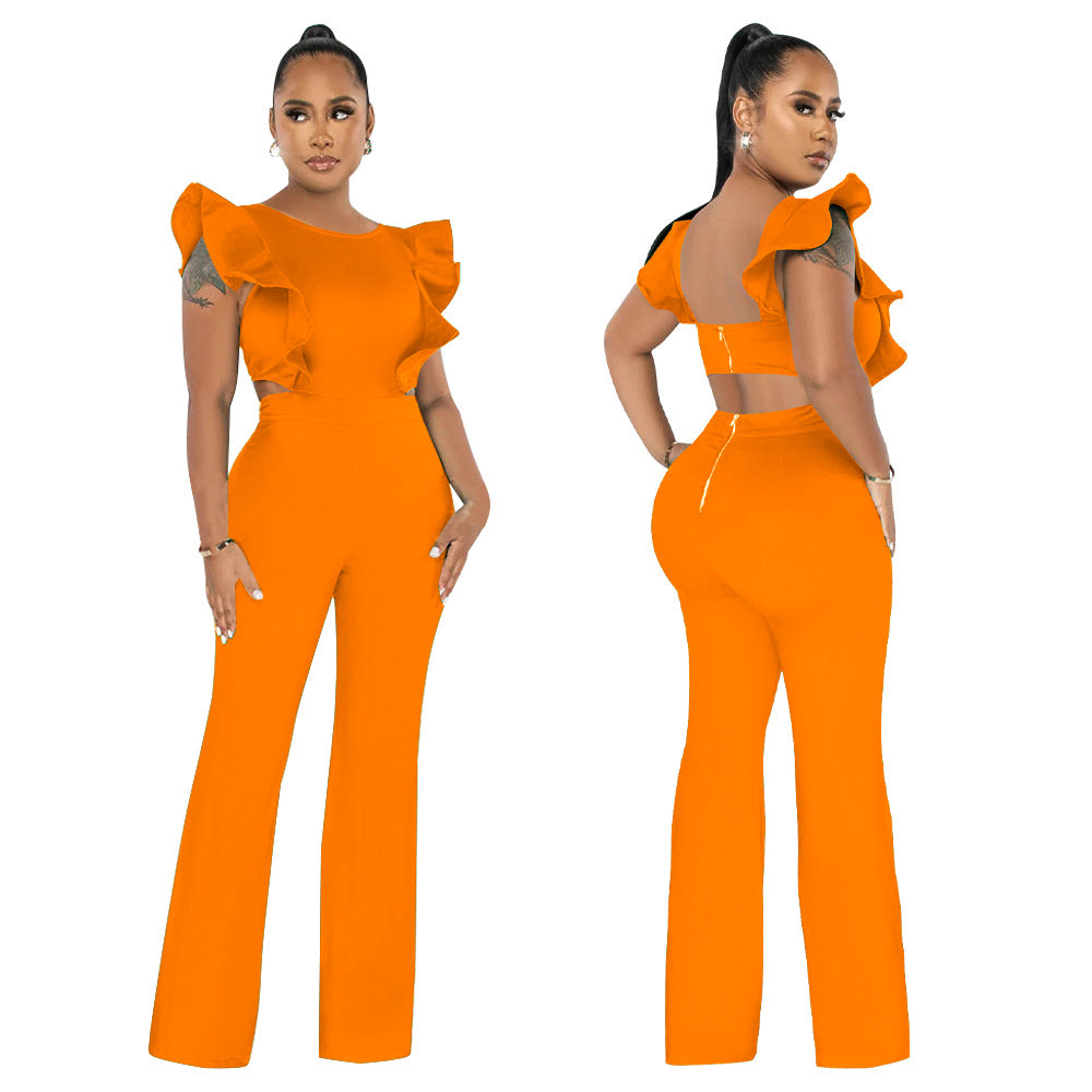 Women Summer Ruffle Round Neck Solid Jumpsuit 6