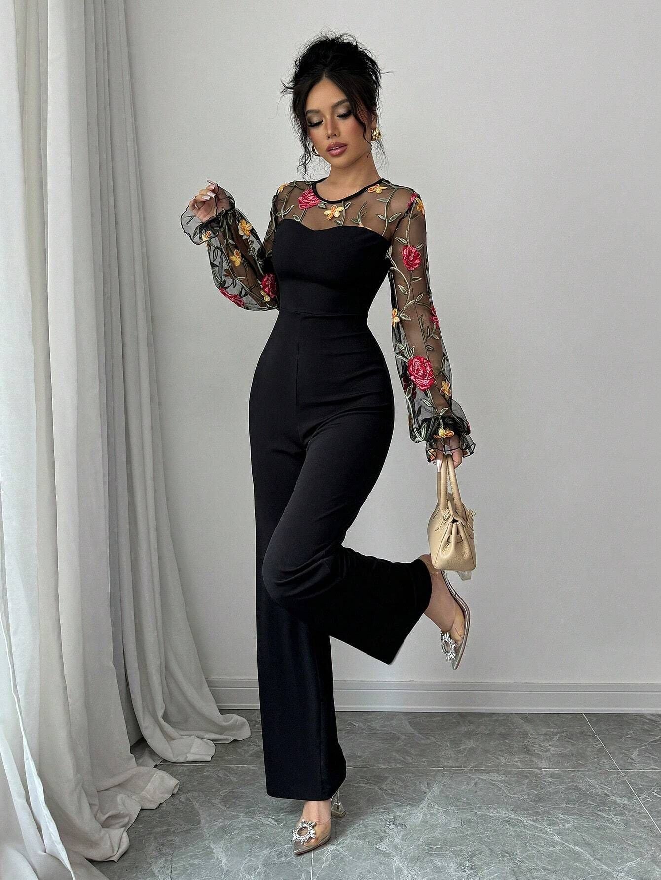 Women's Long Sleeve Embroidered Mesh Patchwork Slim Waist Jumpsuit