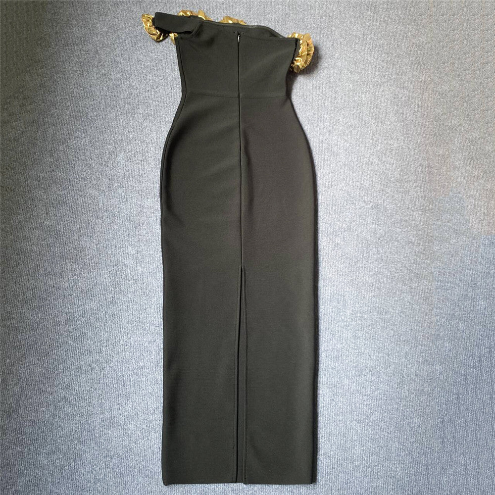 Women elegant party golden flower one-shoulder Bodycon bandage dress 13