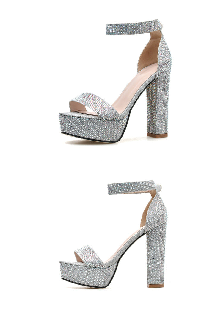 Women Chunky High Heel Rhinestone Strap Sandals 9