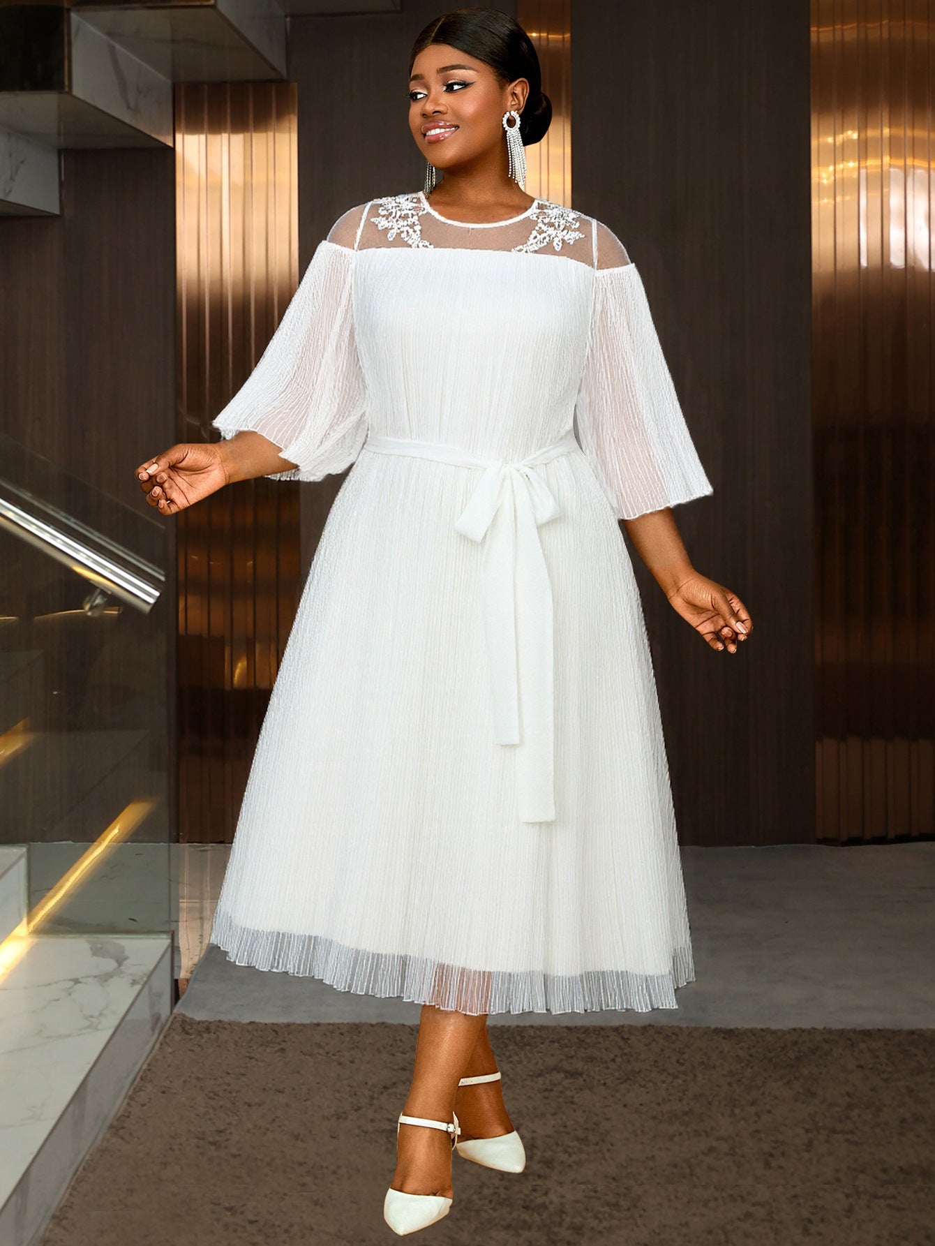 Plus-Size Women Elegant White Cutout Mesh Long-Sleeved Ruffled Belted Chiffon Dress 5