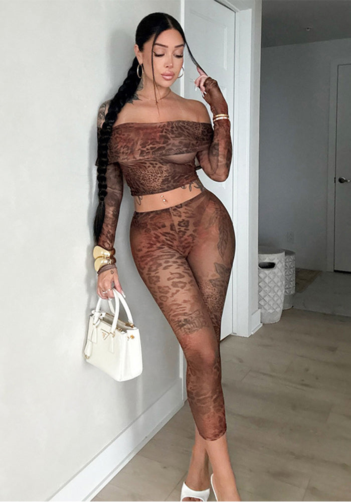 Women's Spring-Summer Floral Leopard Mesh Off-Shoulder Three-Quarter Pants Set