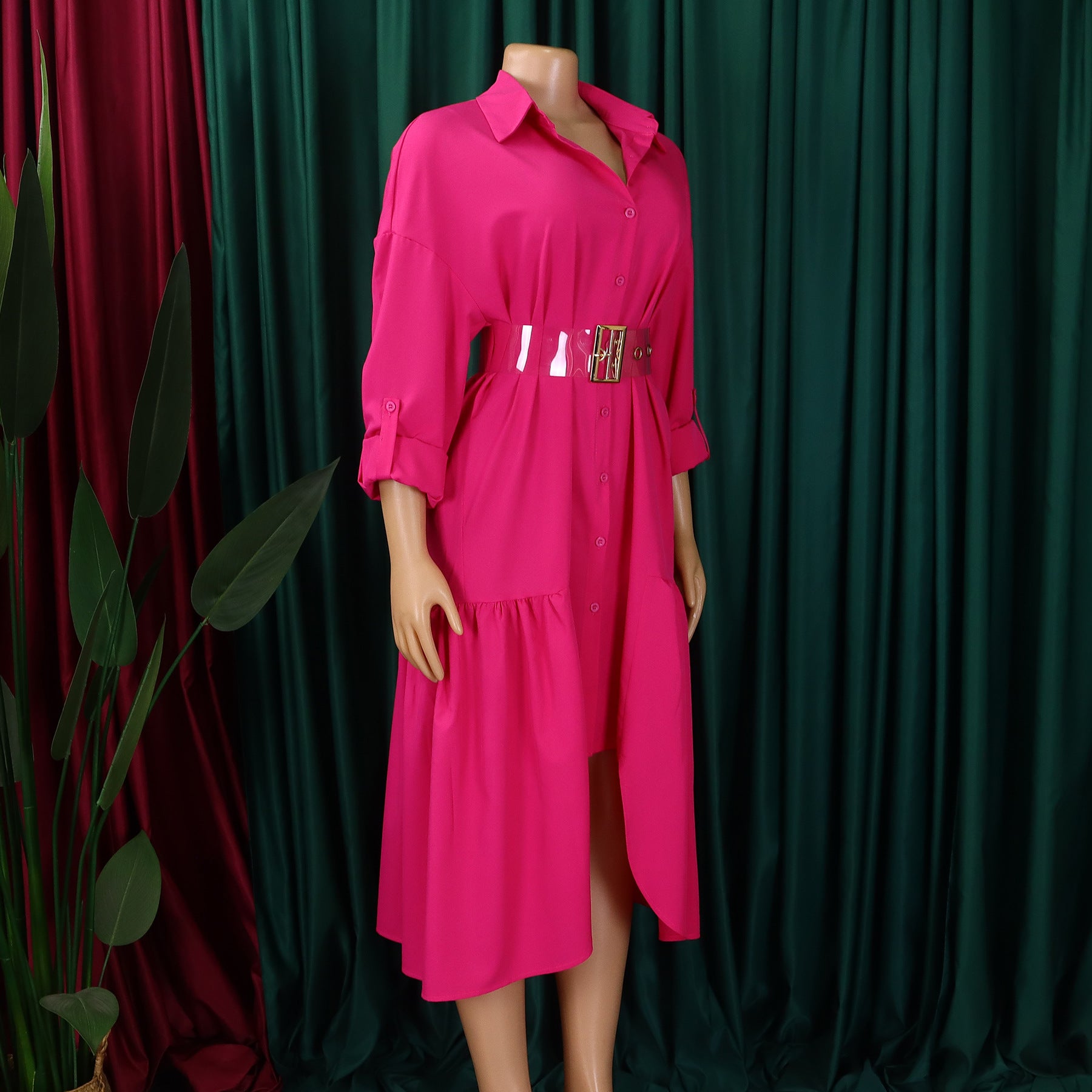 Women's Turndown Collar Solid Color Fashion Loose Casual Button Irregular Shirt Dress 19