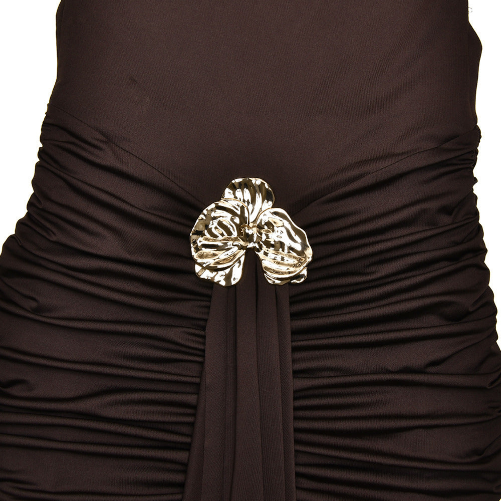 Women's Summer Sexy Solid Sleeveless Low Back Slit Pleated Long Dress 19