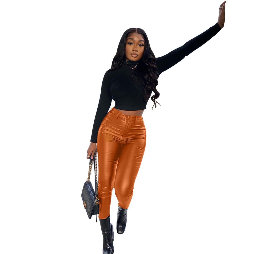 Elastic Leg Pu Leather Pants 11