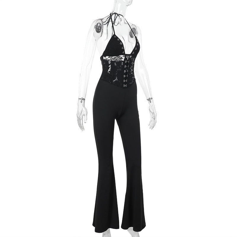 Women Summer Halter Neck Sexy Lace Suspender Jumpsuits 7