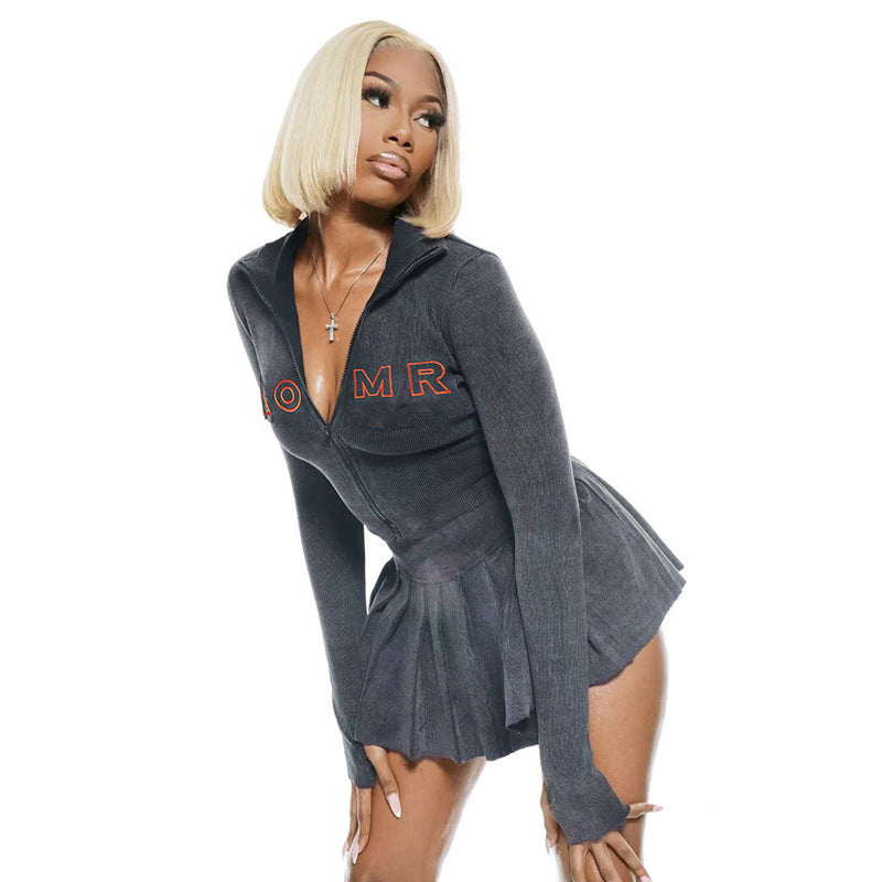 Embroidered Letter Half Turtleneck Crop Zipper Top + High Waist Pleated Skirt Casual Sports Two Piece Set For Women 4