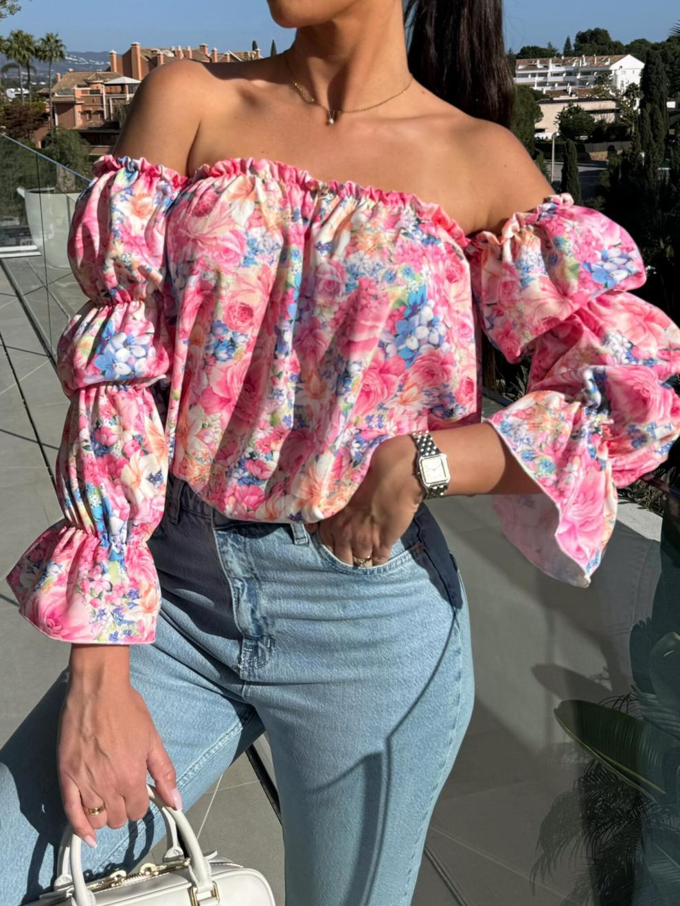 Off-Shoulder Solid Color Sexy Floral Print Long-Sleeve Shirt 4