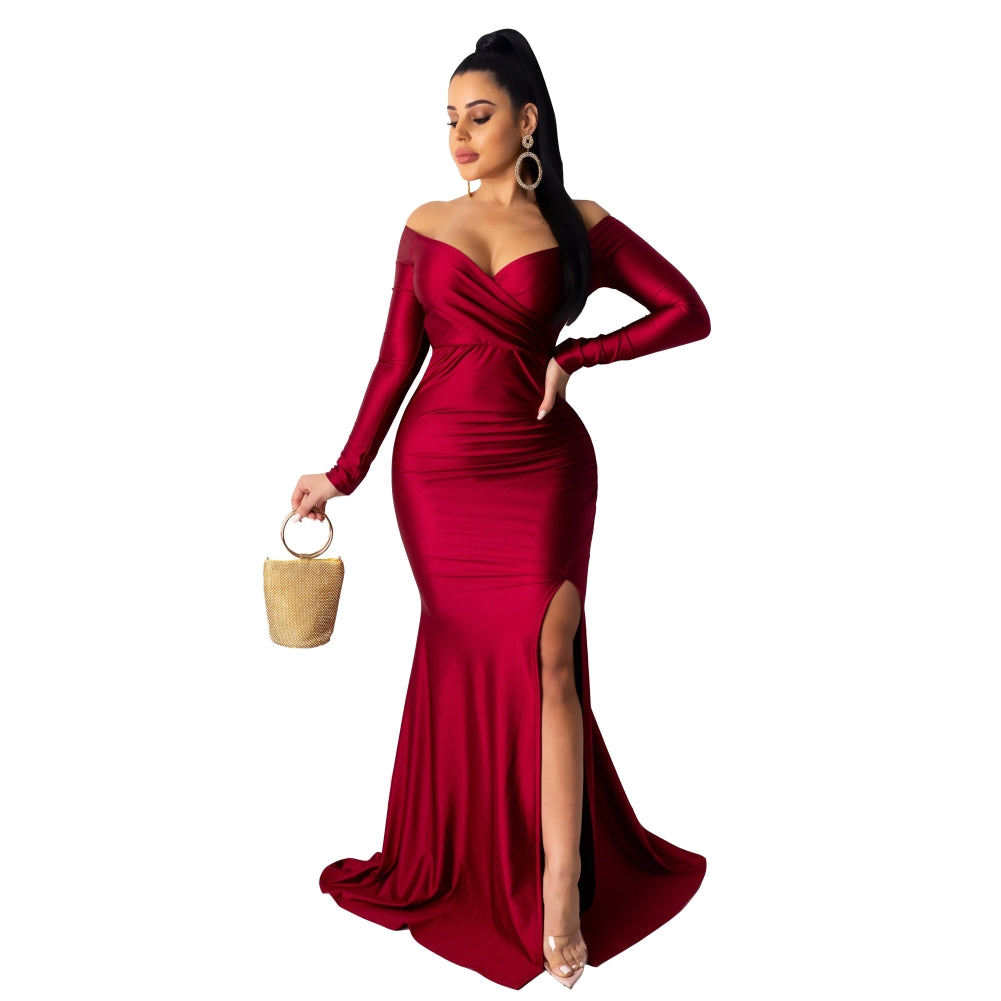 Red Sexy Sweetheart Long Sleeve Slit Mermaid Evening Dress 3
