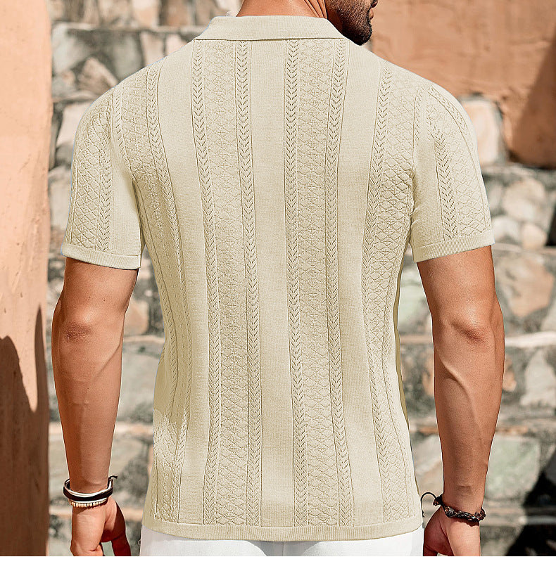 Men's Summer Short Sleeve Striped Hollow Casual Polo Top 6