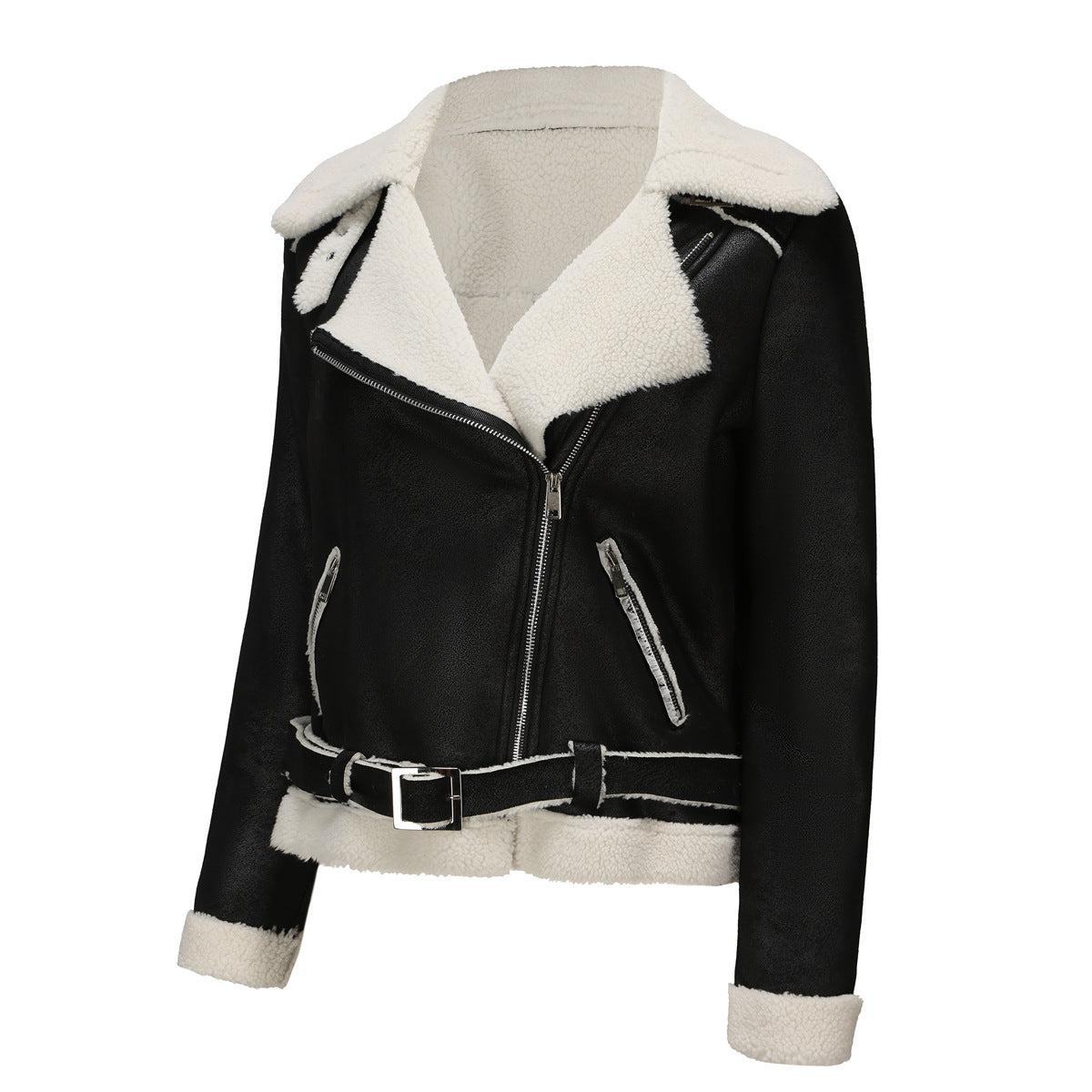 Autumn And Winter Fur Warm Women's Leather Jacket With Belt For Women Turndown Collar Coat 33