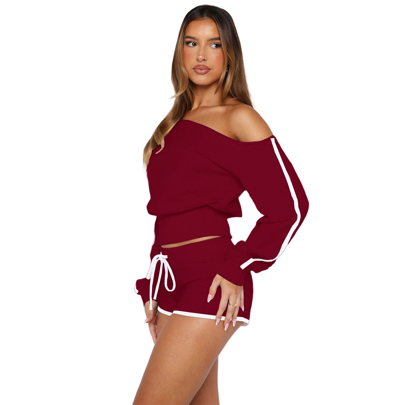 Women's Casual Slash Shoulder Long Sleeve Top Drawstring Shorts Two-Piece Set 43