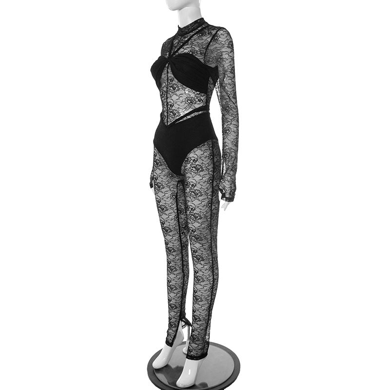 Women's Spring-Summer Lace See-Through Zipper Jumpsuit 10