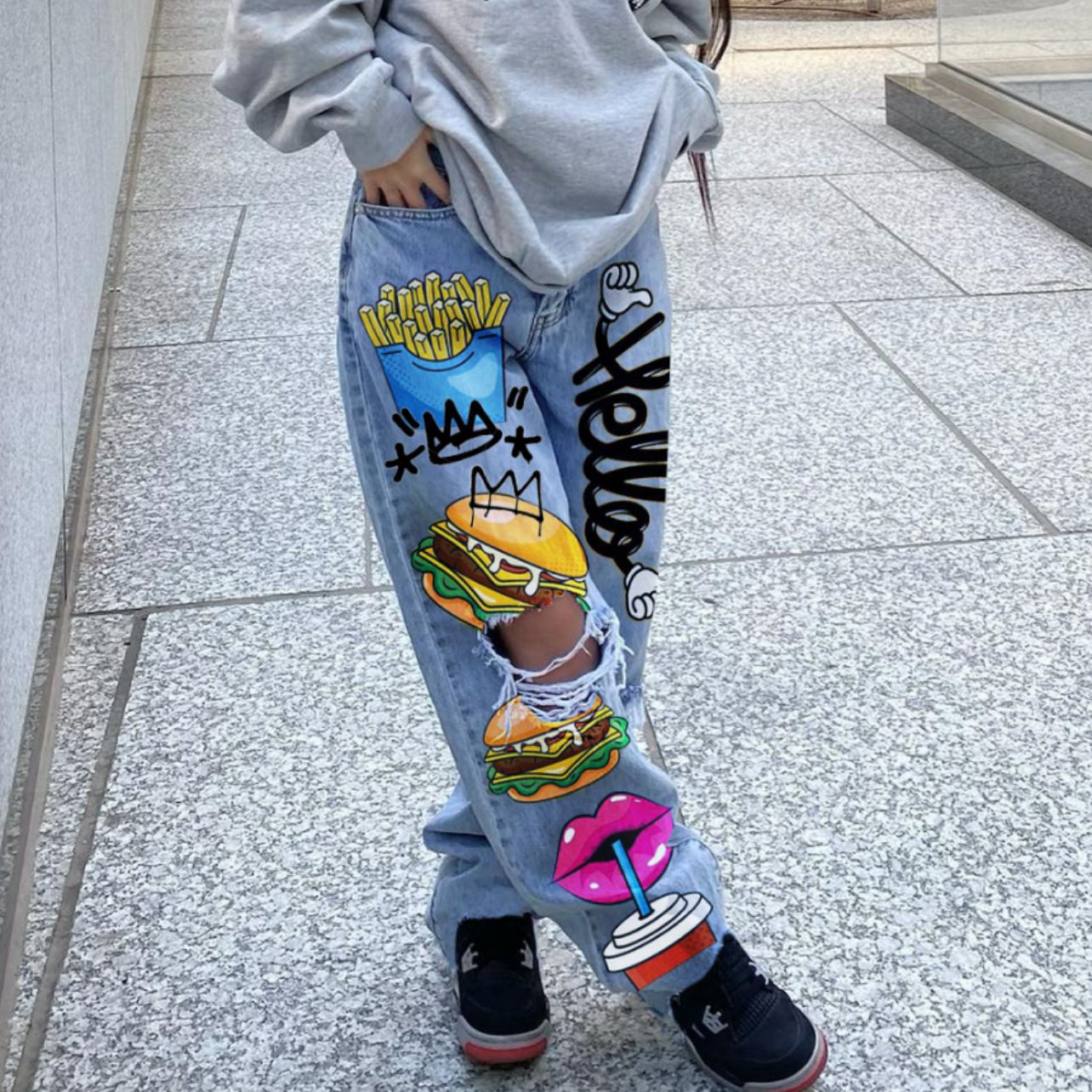 Women Ripped Print Shabby Denim Pants