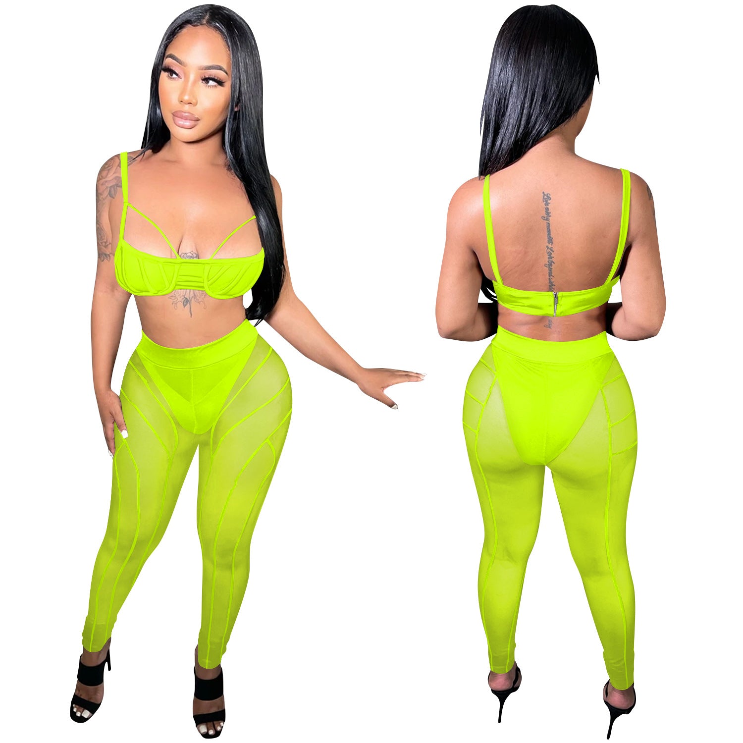 Women sexy bra strap zipper mesh See-Through trousers two-piece set 15