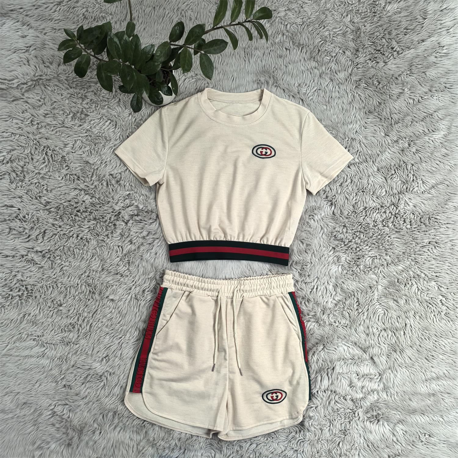 Women's Fashion Casual Cotton Trendy Embroidered Embossed Ribbon Short-Sleeved Shorts Set 11
