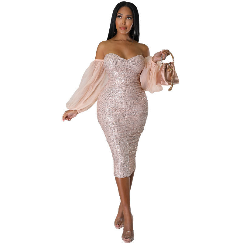 Women French Long Sleeve Sequin Off Shoulder Bodycon Dress 7