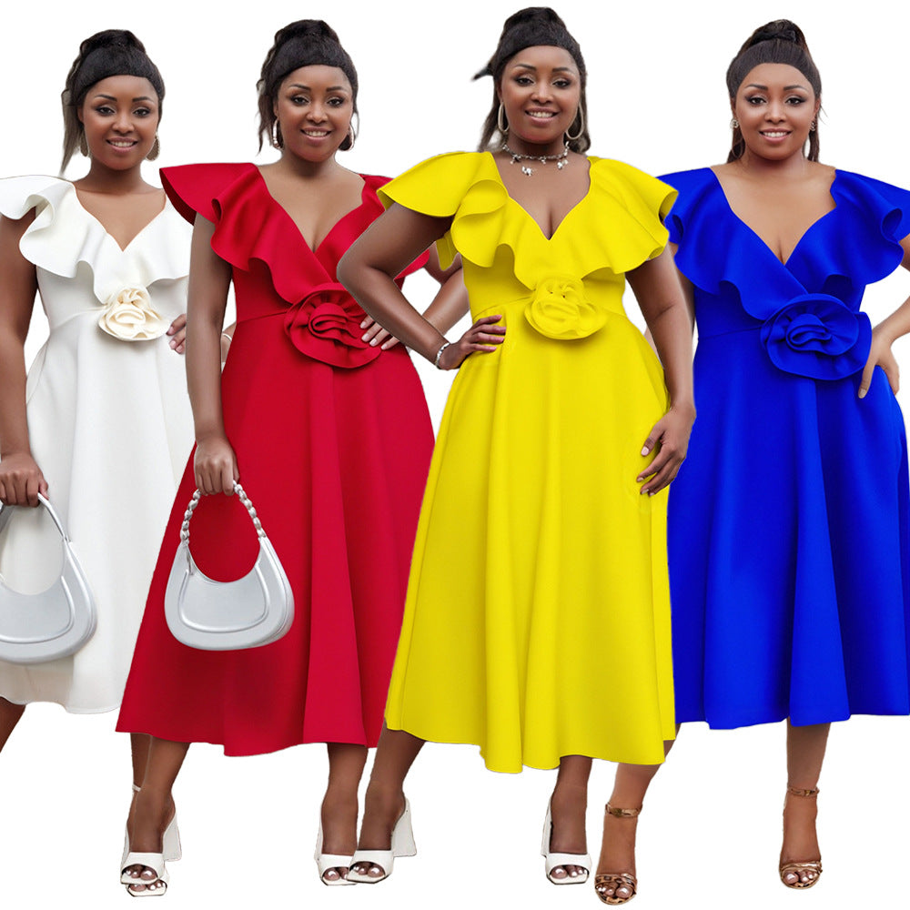 Women Plus Size V-Neck Ruffle Flower Formal Party Dress 12