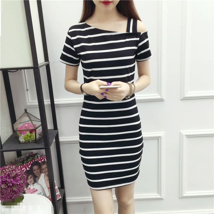 Women Slash Shoulder Striped Suspender Sexy Dress
