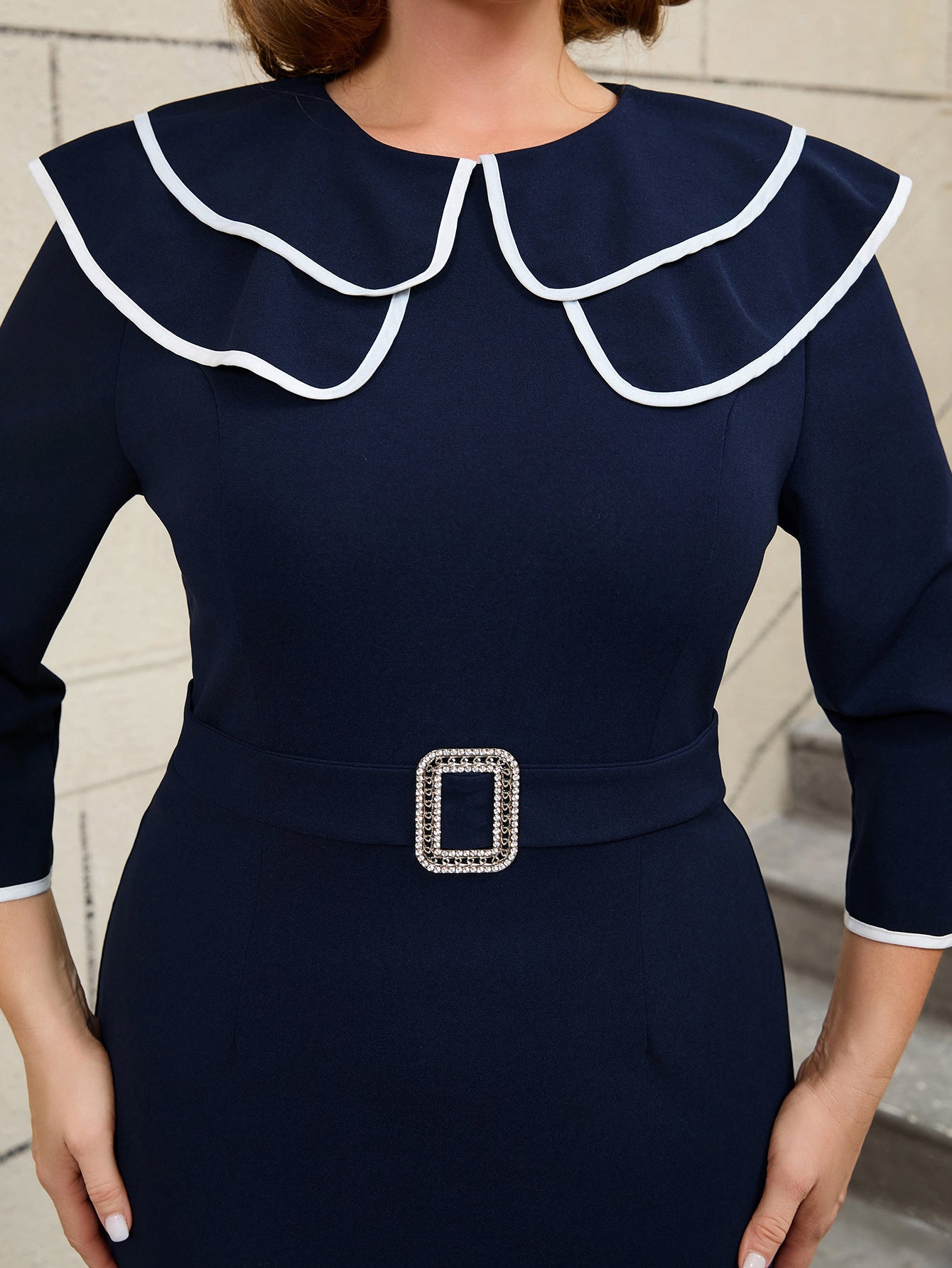 Plus Size Ruffle Contrast Color Slim Waist Diamond Buckle Belt Professional Fashion Bodycon Dress 7